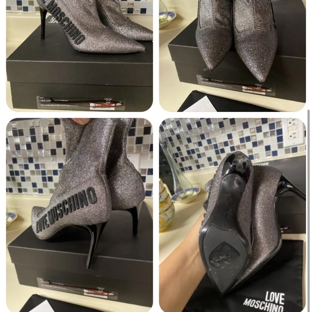 Moschino Love Boots Ankle Logo Booties Stretch Pointy Toe Shoes 35 - Picture 2 of 3